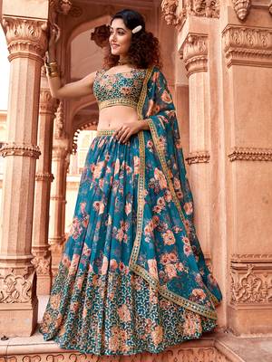 Teal Blue Floral Printed  Semi-Stitched Lehenga  Choli with Sequence  embroidery Work  With Dupatta 2