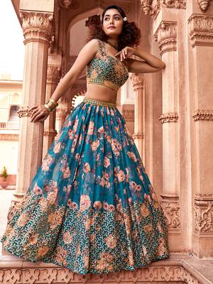 Teal Blue Floral Printed  Semi-Stitched Lehenga  Choli with Sequence  embroidery Work  With Dupatta 3
