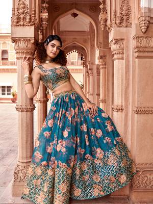 Teal Blue Floral Printed  Semi-Stitched Lehenga  Choli with Sequence  embroidery Work  With Dupatta 4