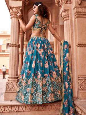 Teal Blue Floral Printed  Semi-Stitched Lehenga  Choli with Sequence  embroidery Work  With Dupatta 5
