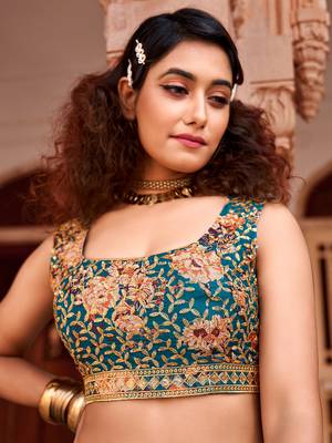 Teal Blue Floral Printed  Semi-Stitched Lehenga  Choli with Sequence  embroidery Work  With Dupatta 6