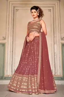 Peach  Georgette Semi-Stitched Lehenga & Unstitched Blouse With Dupatta
