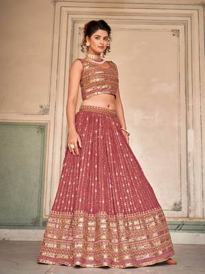 Peach  Georgette Semi-Stitched Lehenga & Unstitched Blouse With Dupatta 3