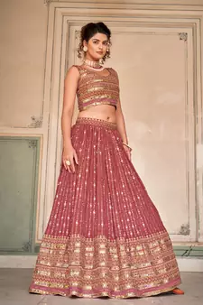 Peach  Georgette Semi-Stitched Lehenga & Unstitched Blouse With Dupatta