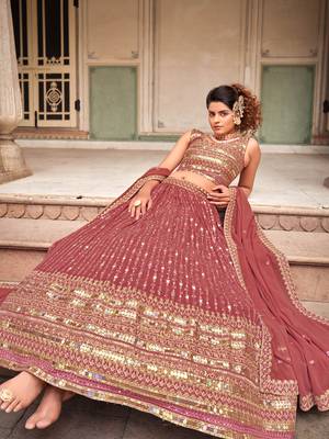 Peach  Georgette Semi-Stitched Lehenga & Unstitched Blouse With Dupatta 4