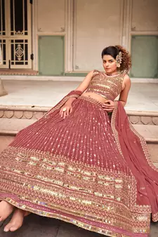 Peach  Georgette Semi-Stitched Lehenga & Unstitched Blouse With Dupatta