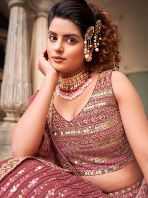 Peach  Georgette Semi-Stitched Lehenga & Unstitched Blouse With Dupatta 6