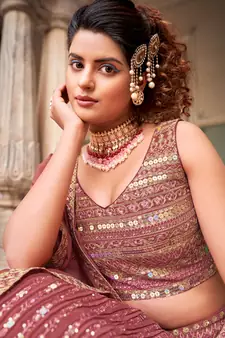 Peach  Georgette Semi-Stitched Lehenga & Unstitched Blouse With Dupatta