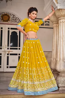 Mustard   Georgette  Semi-Stitched Lehenga & Unstitched Blouse With Dupatta
