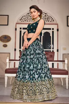Black   Chinon  Semi-Stitched Lehenga & Unstitched Blouse With Dupatta
