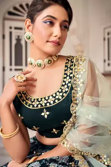 Black   Chinon  Semi-Stitched Lehenga & Unstitched Blouse With Dupatta
