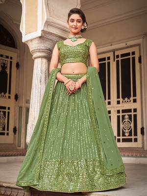 Green  Georgette Semi-Stitched Lehenga & Unstitched Blouse With Dupatta 1