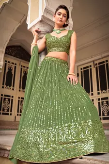Green  Georgette Semi-Stitched Lehenga & Unstitched Blouse With Dupatta