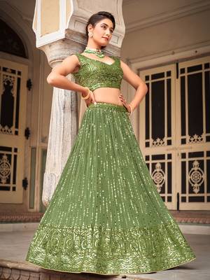 Green  Georgette Semi-Stitched Lehenga & Unstitched Blouse With Dupatta 3