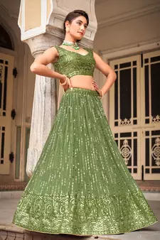 Green  Georgette Semi-Stitched Lehenga & Unstitched Blouse With Dupatta