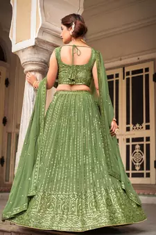 Green  Georgette Semi-Stitched Lehenga & Unstitched Blouse With Dupatta
