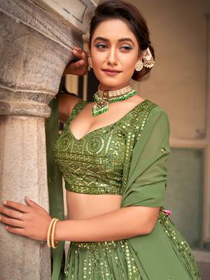 Green  Georgette Semi-Stitched Lehenga & Unstitched Blouse With Dupatta 6