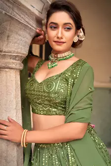 Green  Georgette Semi-Stitched Lehenga & Unstitched Blouse With Dupatta