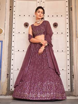 Burgundy  Georgette Semi-Stitched Lehenga & Unstitched Blouse With Dupatta 1