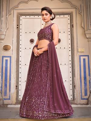 Burgundy  Georgette Semi-Stitched Lehenga & Unstitched Blouse With Dupatta 3
