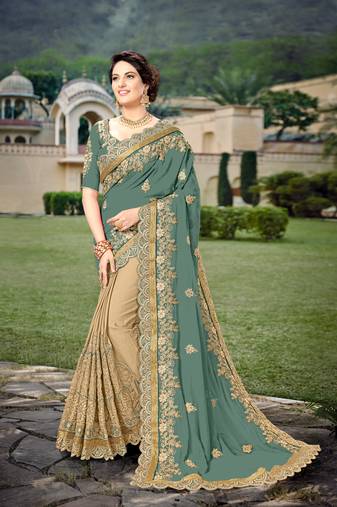 Trendmalls Steel Green  Silk Heavy Embroidery Work Party Wear Saree With Blouse