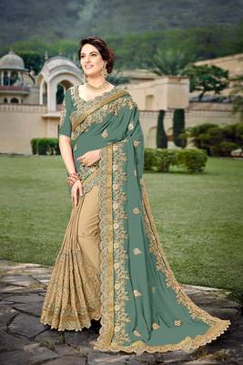 Trendmalls Steel Green  Silk Heavy Embroidery Work Party Wear Saree With Blouse 1