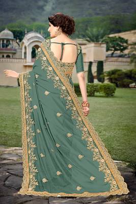 Trendmalls Steel Green  Silk Heavy Embroidery Work Party Wear Saree With Blouse 2