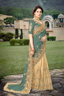Trendmalls Steel Green  Silk Heavy Embroidery Work Party Wear Saree With Blouse 4