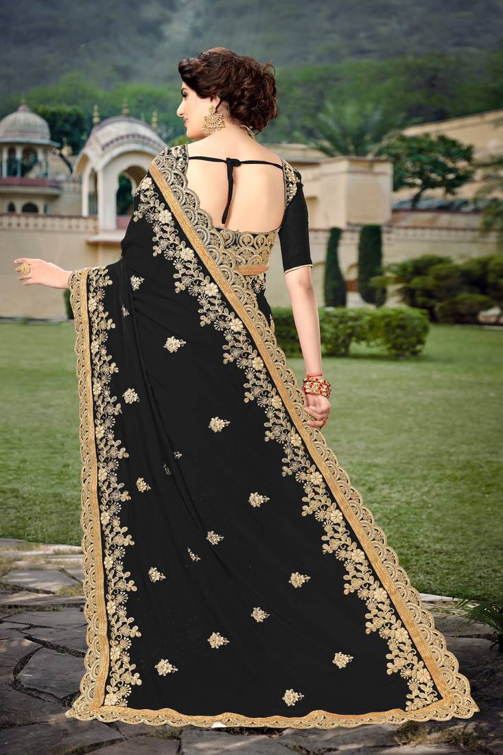Trendmalls Black  Silk Heavy Embroidery Work Party Wear Saree With Blouse