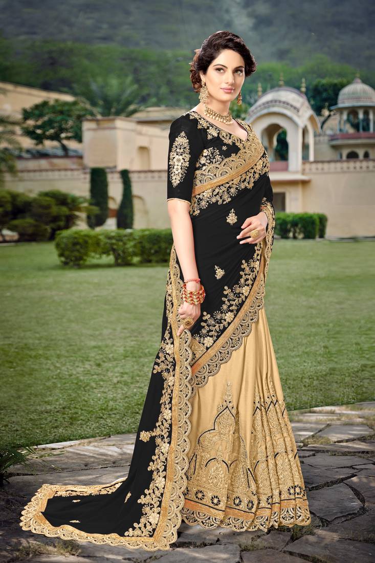 Trendmalls Black  Silk Heavy Embroidery Work Party Wear Saree With Blouse