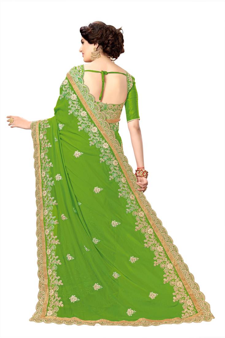 Trendmalls Parrot  Silk Heavy Embroidery Work Party Wear Saree With Blouse