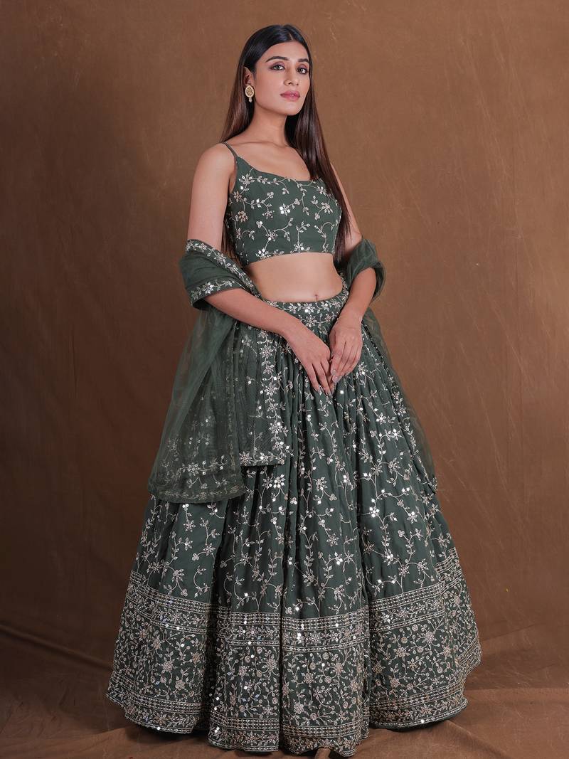 Dreamy Green Sequins Embroidered Lehenga Choli For Women Indian Wedding Party Wear Semi Stitched Lengha Choli