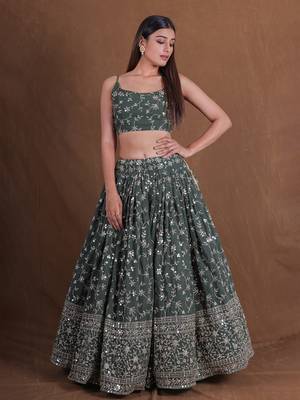 Dreamy Green Sequins Embroidered Lehenga Choli For Women Indian Wedding Party Wear Semi Stitched Lengha Choli 4