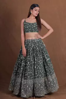 Dreamy Green Sequins Embroidered Lehenga Choli For Women Indian Wedding Party Wear Semi Stitched Lengha Choli