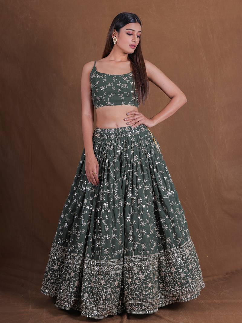 Dreamy Green Sequins Embroidered Lehenga Choli For Women Indian Wedding Party Wear Semi Stitched Lengha Choli