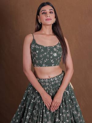Dreamy Green Sequins Embroidered Lehenga Choli For Women Indian Wedding Party Wear Semi Stitched Lengha Choli 5