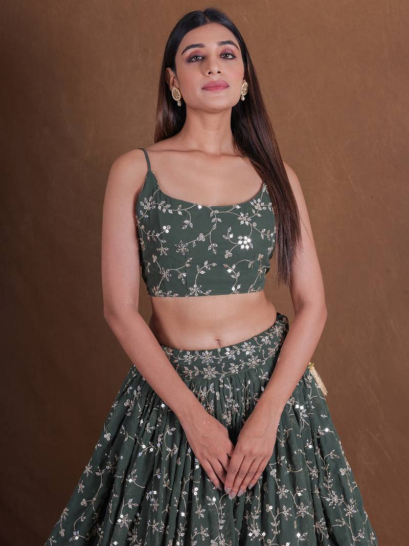 Dreamy Green Sequins Embroidered Lehenga Choli For Women Indian Wedding Party Wear Semi Stitched Lengha Choli