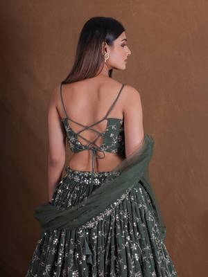 Dreamy Green Sequins Embroidered Lehenga Choli For Women Indian Wedding Party Wear Semi Stitched Lengha Choli 6