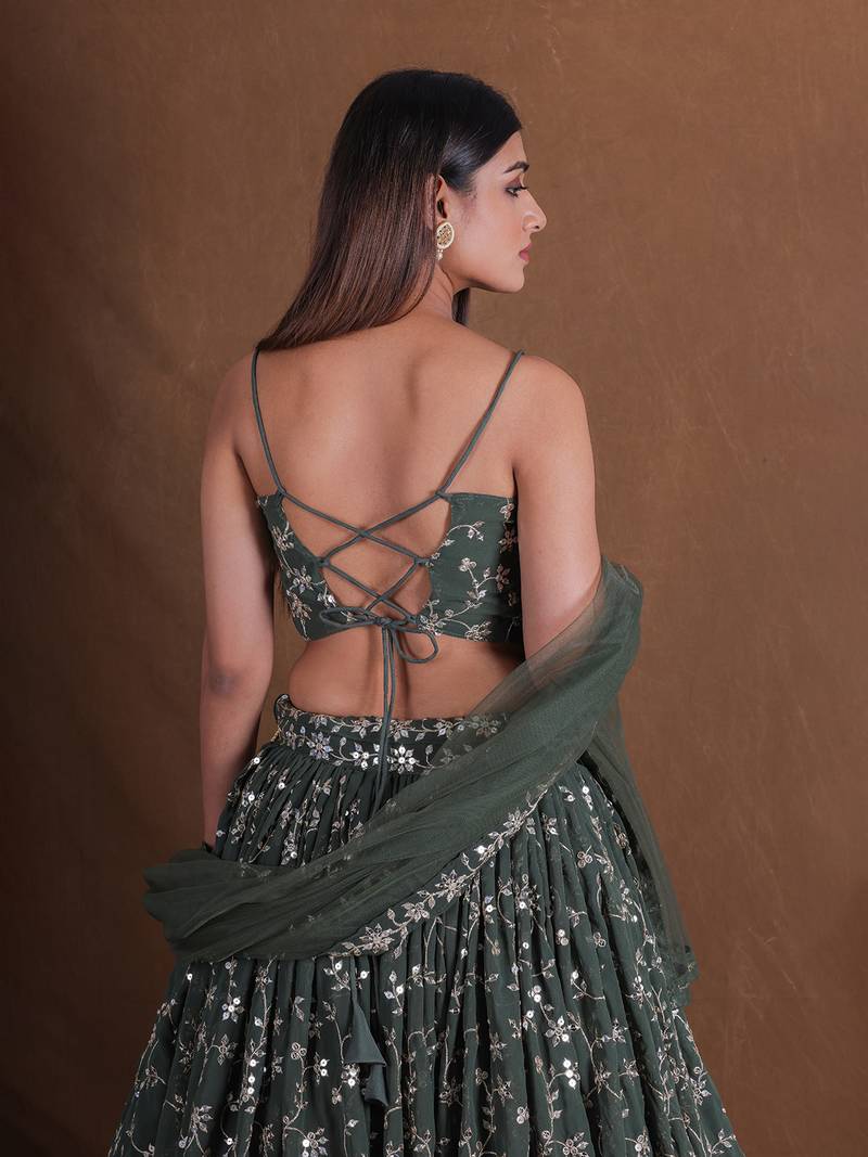 Dreamy Green Sequins Embroidered Lehenga Choli For Women Indian Wedding Party Wear Semi Stitched Lengha Choli