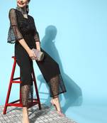 Women   s Zari Printed Net Fabric V-Neck Jump-suit (Black)