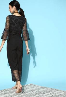 Women   s Zari Printed Net Fabric V-Neck Jump-suit (Black) 2