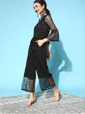 Women   s Zari Printed Net Fabric V-Neck Jump-suit (Black) 3