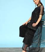Women   s Zari Printed Net Fabric U-Neck Jump-suit (Black)