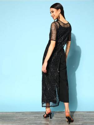 Women   s Zari Printed Net Fabric U-Neck Jump-suit (Black) 2