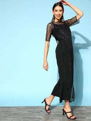 Women   s Zari Printed Net Fabric U-Neck Jump-suit (Black) 3