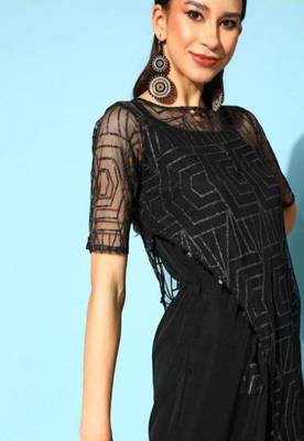 Women   s Zari Printed Net Fabric U-Neck Jump-suit (Black) 4