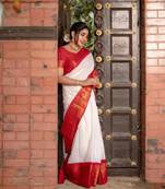 White Banarasi Silk Saree With Blouse Piece