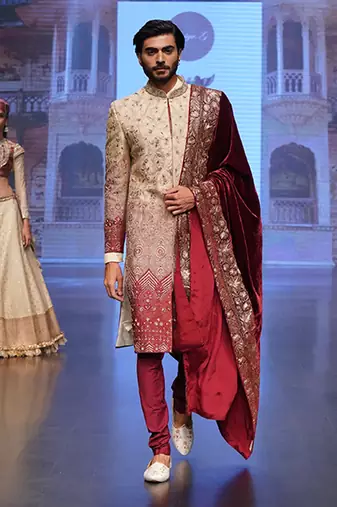 Ombre Sherwani In Beige And Maroon Matched With A Wine Stole