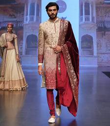 Ombre Sherwani In Beige And Maroon Matched With A Wine Stole