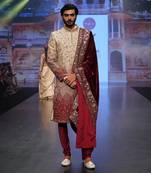 Ombre Sherwani In Beige And Maroon Matched With A Wine Stole